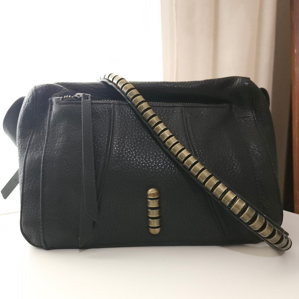Kelsi Dagger Black Pebbled Leather Crossbody Bag Brass‎ Stud Strap Boho Purse